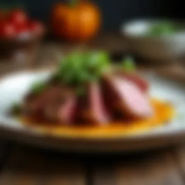 Gourmet Presentation of Veal A beautifully plated veal dish garnished with herbs and spices
