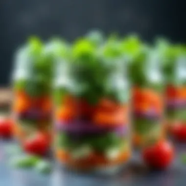 Colorful jars filled with prepped vegetable salads