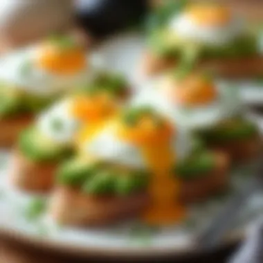 A selection of whole grain toast topped with avocado and poached eggs, representing a healthy post-exercise meal