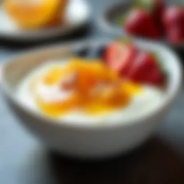 Greek Yogurt with Honey and Fruits A bowl of Greek yogurt with honey and sliced fruits, highlighting nutrient-rich recovery options