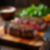 A close-up of a succulent steak on a wooden board.