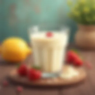 A glass of creamy dairy product on a rustic table.